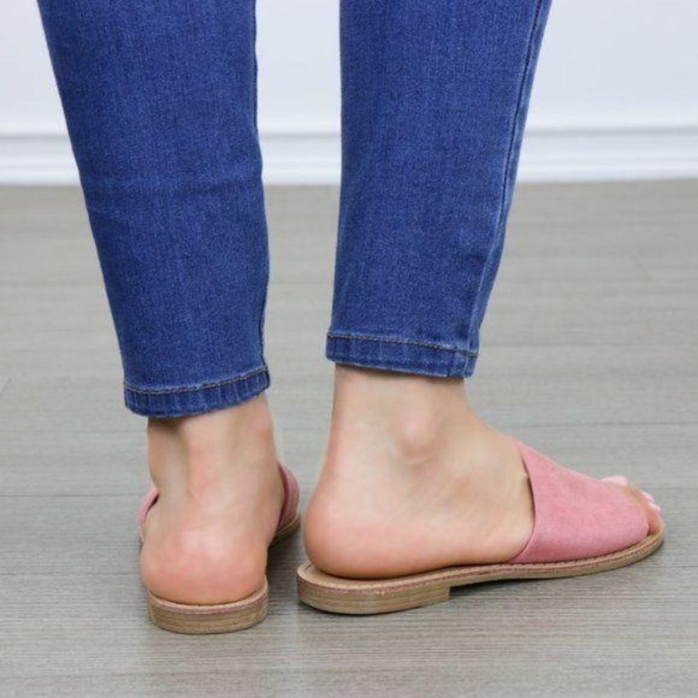 Suede Slip On Slider Pink Flat Sandals - Picture 2 of 7